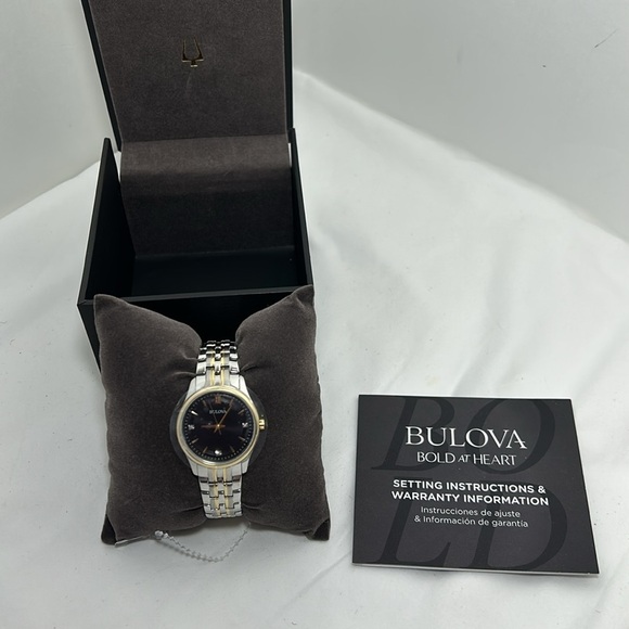 Bulova Two-tone Stainless 3-Diamond Black Date Dial Bracelet Watch - Picture 6 of 11